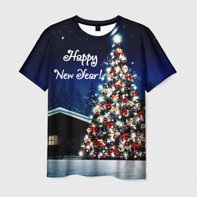 Мужская футболка 3D с принтом Новый год с елкой , 100% полиэфир | прямой крой, круглый вырез горловины, длина до линии бедер | 