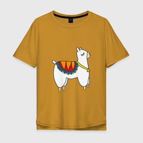 Мужская футболка хлопок Oversize с принтом Лама в Екатеринбурге, 100% хлопок | свободный крой, круглый ворот, “спинка” длиннее передней части | альпака | для детей | животные | звери | картинки | лама | мех | милые | мультфильмы | популярные | прикольные | пушистый | шерсть