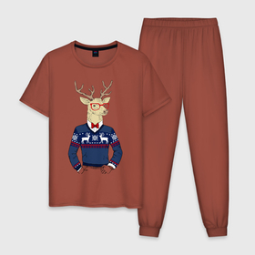 Мужская пижама хлопок с принтом Hipster Deer | Новогодний Олень Хипстер 2022 в Белгороде, 100% хлопок | брюки и футболка прямого кроя, без карманов, на брюках мягкая резинка на поясе и по низу штанин
 | 2021 | happy | new year | дед мороз | елка | клаус | нг | новый год | носок | олени | очки | подарок | полосы | рождество | с | санта | свитер | снег | снеговик | снежинка | узор | хипстер