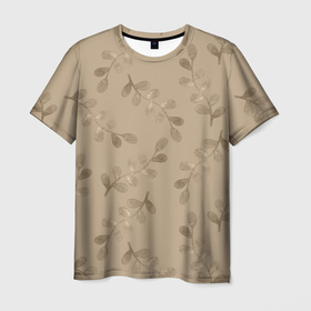 Мужская футболка 3D с принтом Листья на бежевом фоне в Санкт-Петербурге, 100% полиэфир | прямой крой, круглый вырез горловины, длина до линии бедер | 8 марта | spring | бежевый | весна | веточки | листья | праздник | природа | растения