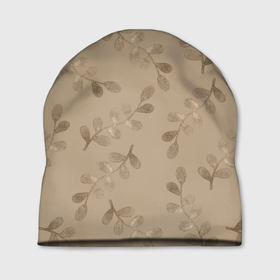 Шапка 3D с принтом Листья на бежевом фоне в Тюмени, 100% полиэстер | универсальный размер, печать по всей поверхности изделия | 8 марта | spring | бежевый | весна | веточки | листья | праздник | природа | растения