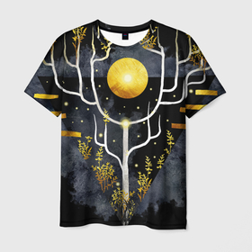 Мужская футболка 3D с принтом графит и золото: дерево жизни , 100% полиэфир | прямой крой, круглый вырез горловины, длина до линии бедер | абстрактный | весна | ветви | дерево  свет | жизнь | звёзды | золотото | ночь | процветание | растения | расцвет | рост | символ | солнце | стилизация | стиль | треугольник | этно