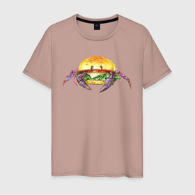Мужская футболка хлопок с принтом краб бургер в Екатеринбурге, 100% хлопок | прямой крой, круглый вырез горловины, длина до линии бедер, слегка спущенное плечо. | булочка | бургер | бутерброд | веган | вегетарианец | еда | зоозащита | краб | обжора | приколы | рак | рак отшельник | съедобный | чизбургер