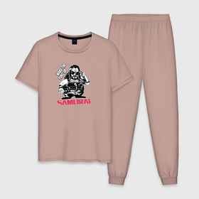 Мужская пижама хлопок с принтом Samurai в Белгороде, 100% хлопок | брюки и футболка прямого кроя, без карманов, на брюках мягкая резинка на поясе и по низу штанин
 | Тематика изображения на принте: cyberpunk 2077 | johnny silverhand | judy | moxes | panam | samurai | джуди | киберпанк 2077 | панам | шельмы