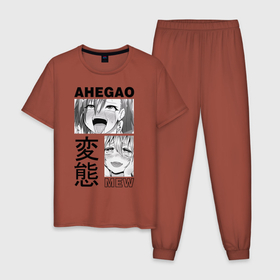 Мужская пижама хлопок с принтом Ahegao mew black , 100% хлопок | брюки и футболка прямого кроя, без карманов, на брюках мягкая резинка на поясе и по низу штанин
 | ahegao | manga | ахегао | комиксы | лицо | манга | паттрен | чернобелый | эмоции