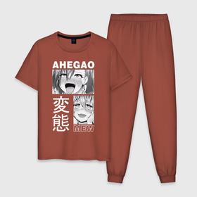 Мужская пижама хлопок с принтом Ahegao mew white , 100% хлопок | брюки и футболка прямого кроя, без карманов, на брюках мягкая резинка на поясе и по низу штанин
 | ahegao | manga | ахегао | комиксы | лицо | манга | паттрен | чернобелый | эмоции