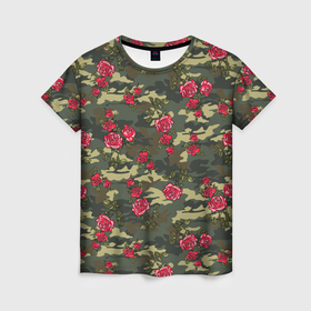 Женская футболка 3D с принтом Камуфляж и розы в Тюмени, 100% полиэфир ( синтетическое хлопкоподобное полотно) | прямой крой, круглый вырез горловины, длина до линии бедер | 23 февраля | армия | военная | зелень | камуфляж | листья | маскировка | паттерн | розы | солдат | текстуры | цветы