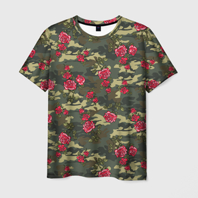 Мужская футболка 3D с принтом Камуфляж и розы в Новосибирске, 100% полиэфир | прямой крой, круглый вырез горловины, длина до линии бедер | 23 февраля | армия | военная | зелень | камуфляж | листья | маскировка | паттерн | розы | солдат | текстуры | цветы