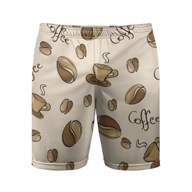 Мужские шорты спортивные с принтом Кофейный узор на светлом в Тюмени,  |  | зерна | коричневый | кофе | кофейный | кофеман | паттерн | светлый | узор | чашка
