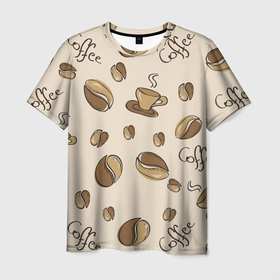 Мужская футболка 3D с принтом Кофейный узор на светлом в Кировске, 100% полиэфир | прямой крой, круглый вырез горловины, длина до линии бедер | зерна | коричневый | кофе | кофейный | кофеман | паттерн | светлый | узор | чашка