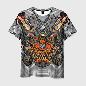 Мужская футболка 3D с принтом Cyber Samurai в Екатеринбурге, 100% полиэфир | прямой крой, круглый вырез горловины, длина до линии бедер | evil | head | mask | rage | robot | samurai | skull | warrior | арт | воин | гнев | голова | злой | киберпанк | маска | робот | самурай | сёгун | череп | японский
