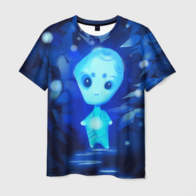 Мужская футболка 3D с принтом Лесной дух в Санкт-Петербурге, 100% полиэфир | прямой крой, круглый вырез горловины, длина до линии бедер | дух | лес | листва | светлячки | синий | тропинка