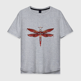 Мужская футболка хлопок Oversize с принтом Стрекоза в Кировске, 100% хлопок | свободный крой, круглый ворот, “спинка” длиннее передней части | Тематика изображения на принте: dragonfly | красный | крылья | стрекоза