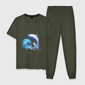 Мужская пижама хлопок с принтом Акварельный кит в Курске, 100% хлопок | брюки и футболка прямого кроя, без карманов, на брюках мягкая резинка на поясе и по низу штанин
 | акварель | вода | волны | кит | море | морское | рисунок | рыбы | стихия