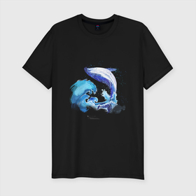 Мужская футболка хлопок Slim с принтом Акварельный кит в Санкт-Петербурге, 92% хлопок, 8% лайкра | приталенный силуэт, круглый вырез ворота, длина до линии бедра, короткий рукав | Тематика изображения на принте: акварель | вода | волны | кит | море | морское | рисунок | рыбы | стихия