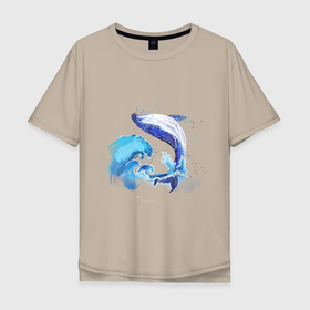 Мужская футболка хлопок Oversize с принтом Акварельный кит , 100% хлопок | свободный крой, круглый ворот, “спинка” длиннее передней части | Тематика изображения на принте: акварель | вода | волны | кит | море | морское | рисунок | рыбы | стихия