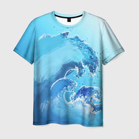 Мужская футболка 3D с принтом Волна с фоном в Тюмени, 100% полиэфир | прямой крой, круглый вырез горловины, длина до линии бедер | акварель | брызги | вода | волны | море | океан