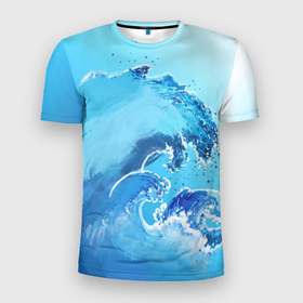 Мужская футболка 3D спортивная с принтом Волна с фоном в Санкт-Петербурге, 100% полиэстер с улучшенными характеристиками | приталенный силуэт, круглая горловина, широкие плечи, сужается к линии бедра | Тематика изображения на принте: акварель | брызги | вода | волны | море | океан