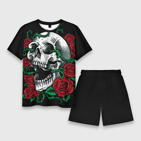 Мужской костюм с шортами 3D с принтом Череп и Розы в Курске,  |  | skulls | букет | градиент | мозги | робот | розы | скелет | текстура | узор | цветы | черепа | черный | яркий