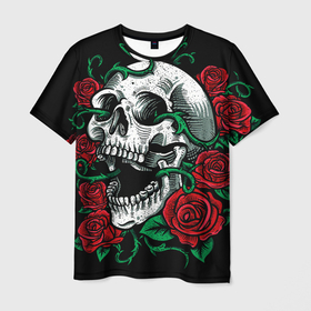 Мужская футболка 3D с принтом Череп и Розы в Санкт-Петербурге, 100% полиэфир | прямой крой, круглый вырез горловины, длина до линии бедер | Тематика изображения на принте: skulls | букет | градиент | мозги | робот | розы | скелет | текстура | узор | цветы | черепа | черный | яркий
