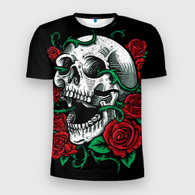 Мужская футболка 3D Slim с принтом Череп и Розы в Санкт-Петербурге, 100% полиэстер с улучшенными характеристиками | приталенный силуэт, круглая горловина, широкие плечи, сужается к линии бедра | skulls | букет | градиент | мозги | робот | розы | скелет | текстура | узор | цветы | черепа | черный | яркий