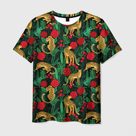 Мужская футболка 3D с принтом Leopards в Тюмени, 100% полиэфир | прямой крой, круглый вырез горловины, длина до линии бедер | black | cat | белый | букет | животные | кот | кошки | лев | леопарды | паттерн | полосы | розы | тигры | узор | цветы | чб | черный