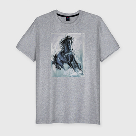 Мужская футболка хлопок Slim с принтом Лошадь  арт в Екатеринбурге, 92% хлопок, 8% лайкра | приталенный силуэт, круглый вырез ворота, длина до линии бедра, короткий рукав | horse | horseshoe | акварель | головалошади | грива | жеребец | животные | конь | лошадь | лошадьскрыльями | подкова | природа | рисуноккрасками