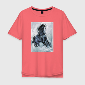 Мужская футболка хлопок Oversize с принтом Лошадь  арт , 100% хлопок | свободный крой, круглый ворот, “спинка” длиннее передней части | horse | horseshoe | акварель | головалошади | грива | жеребец | животные | конь | лошадь | лошадьскрыльями | подкова | природа | рисуноккрасками