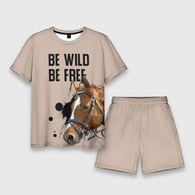 Мужской костюм с шортами 3D с принтом Be wild be free в Кировске,  |  | horse | horseshoe | акварель | головалошади | грива | жеребец | животные | конь | лошадь | лошадьскрыльями | подкова | природа | рисуноккрасками