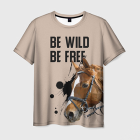 Мужская футболка 3D с принтом Be wild be free в Тюмени, 100% полиэфир | прямой крой, круглый вырез горловины, длина до линии бедер | Тематика изображения на принте: horse | horseshoe | акварель | головалошади | грива | жеребец | животные | конь | лошадь | лошадьскрыльями | подкова | природа | рисуноккрасками