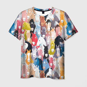 Мужская футболка 3D с принтом цветные лошади в Екатеринбурге, 100% полиэфир | прямой крой, круглый вырез горловины, длина до линии бедер | horse | horseshoe | акварель | головалошади | грива | жеребец | животные | конь | лошадь | лошадьскрыльями | подкова | природа | рисуноккрасками