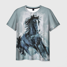 Мужская футболка 3D с принтом нарисованный конь в Белгороде, 100% полиэфир | прямой крой, круглый вырез горловины, длина до линии бедер | horse | horseshoe | акварель | головалошади | грива | жеребец | животные | конь | лошадь | лошадьскрыльями | подкова | природа | рисуноккрасками