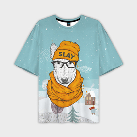 Мужская футболка oversize 3D с принтом Бультерьер новогодний в Тюмени,  |  | slay | белая собака | бультерьер | пес | псина | собака | собака в шапке | собачка