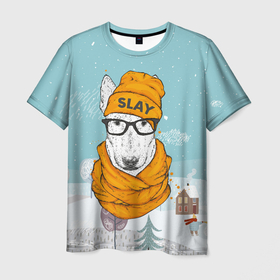 Мужская футболка 3D с принтом Бультерьер новогодний в Екатеринбурге, 100% полиэфир | прямой крой, круглый вырез горловины, длина до линии бедер | slay | белая собака | бультерьер | пес | псина | собака | собака в шапке | собачка