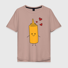 Мужская футболка хлопок Oversize с принтом горчица в Тюмени, 100% хлопок | свободный крой, круглый ворот, “спинка” длиннее передней части | влюбленных | горчица | день святого валентина | для двоих | для пар | еда | кетчуп | милый | парные | подарок