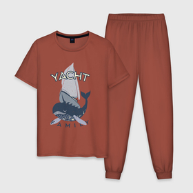 Мужская пижама хлопок с принтом Yacht Family в Тюмени, 100% хлопок | брюки и футболка прямого кроя, без карманов, на брюках мягкая резинка на поясе и по низу штанин
 | кит | лодка | море | морские жители | океан | яхта