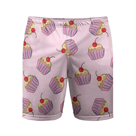 Мужские шорты спортивные с принтом Капкейки на розовом в Курске,  |  | вишенка | еда | капкейки | пирожное | розовый | сладкое | сладости