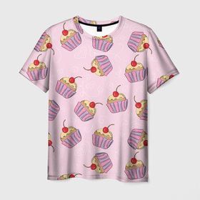 Мужская футболка 3D с принтом Капкейки на розовом , 100% полиэфир | прямой крой, круглый вырез горловины, длина до линии бедер | Тематика изображения на принте: вишенка | еда | капкейки | пирожное | розовый | сладкое | сладости