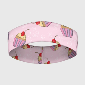 Повязка на голову 3D с принтом Капкейки на розовом в Кировске,  |  | вишенка | еда | капкейки | пирожное | розовый | сладкое | сладости