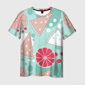 Мужская футболка 3D с принтом Арбузно-цитрусовый узор , 100% полиэфир | прямой крой, круглый вырез горловины, длина до линии бедер | апельсин | арбуз | вкусный | еда | зеленый | летний | паттерн | сладкий | узор | цитрусовые