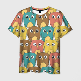 Мужская футболка 3D с принтом Разноцветные совы в Петрозаводске, 100% полиэфир | прямой крой, круглый вырез горловины, длина до линии бедер | детский | лесной | мультяшный | паттерн | разноцветный | сова | совушки | совы | узор