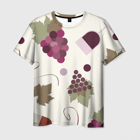 Мужская футболка 3D с принтом Виноград и винишко в Петрозаводске, 100% полиэфир | прямой крой, круглый вырез горловины, длина до линии бедер | бокал | винишко | винный | вино | виноград | узор