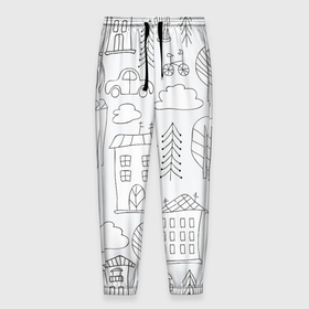 Мужские брюки 3D с принтом Нарисованный город в Белгороде, 100% полиэстер | манжеты по низу, эластичный пояс регулируется шнурком, по бокам два кармана без застежек, внутренняя часть кармана из мелкой сетки | белый | город | городской | дудлинг | нарисованный | серый | узор