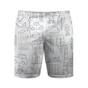 Мужские шорты спортивные с принтом Нарисованный город в Белгороде,  |  | Тематика изображения на принте: белый | город | городской | дудлинг | нарисованный | серый | узор