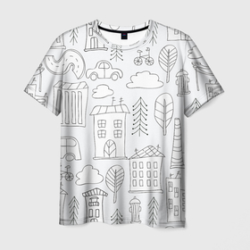Мужская футболка 3D с принтом Нарисованный город в Тюмени, 100% полиэфир | прямой крой, круглый вырез горловины, длина до линии бедер | белый | город | городской | дудлинг | нарисованный | серый | узор