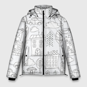 Мужская зимняя куртка 3D с принтом Нарисованный город в Белгороде, верх — 100% полиэстер; подкладка — 100% полиэстер; утеплитель — 100% полиэстер | длина ниже бедра, свободный силуэт Оверсайз. Есть воротник-стойка, отстегивающийся капюшон и ветрозащитная планка. 

Боковые карманы с листочкой на кнопках и внутренний карман на молнии. | Тематика изображения на принте: белый | город | городской | дудлинг | нарисованный | серый | узор