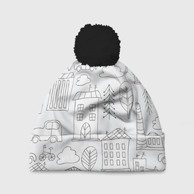 Шапка 3D c помпоном с принтом Нарисованный город в Белгороде, 100% полиэстер | универсальный размер, печать по всей поверхности изделия | Тематика изображения на принте: белый | город | городской | дудлинг | нарисованный | серый | узор