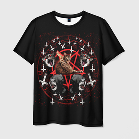Мужская футболка 3D с принтом Satanic Cat в Екатеринбурге, 100% полиэфир | прямой крой, круглый вырез горловины, длина до линии бедер | Тематика изображения на принте: satan | киска | кот | кот мем | кошечка | кошка | кошки и коты | лиса | лисы | мем | мемы | с кошкой | сатана