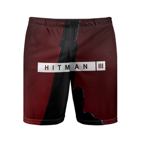 Мужские шорты спортивные с принтом Hitman III в Санкт-Петербурге,  |  | hitman | hitman 3 | hitman iii | красный | надпись | пистолет | хитман | хитман 3