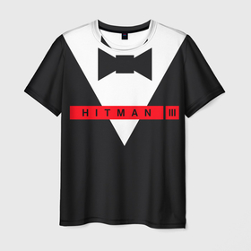 Мужская футболка 3D с принтом Hitman III в Новосибирске, 100% полиэфир | прямой крой, круглый вырез горловины, длина до линии бедер | Тематика изображения на принте: hitman | hitman 3 | hitman iii | бабочка | костюм | красный | надпись | хитман | хитман 3